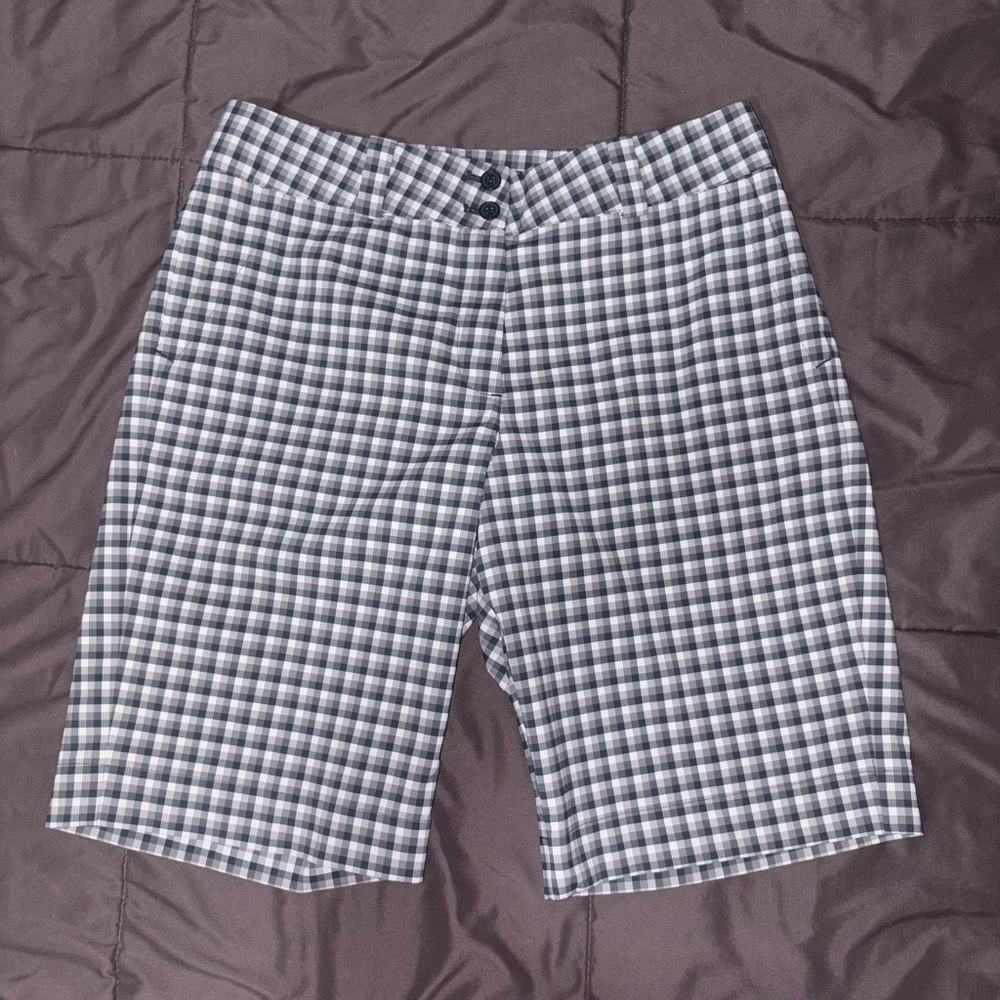 Nike Golf Ladies Dri-Fit Green White Checkered Gingham Flat Front Shorts Med/8